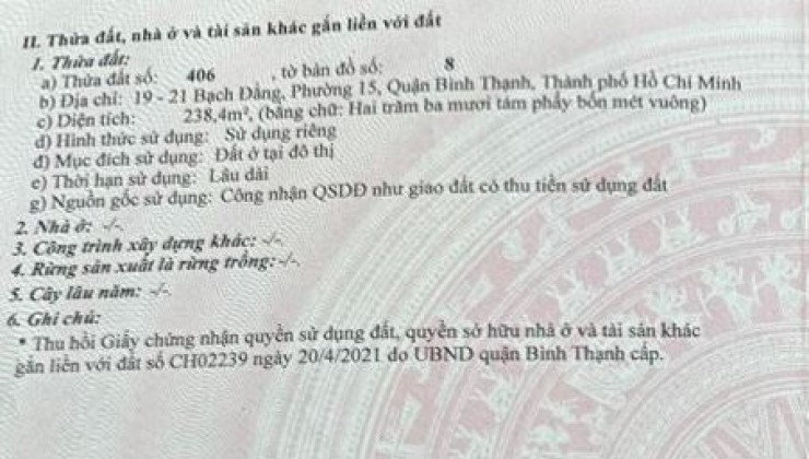 Bán Nhà  Mặt Tiền Tại Quận Bình Thạnh: Cơ Hội Sở Hữu Vị Trí Đắc Địa: 238m2